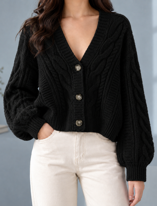 Morwenna-Skye Cable Women's Cardigan - Black