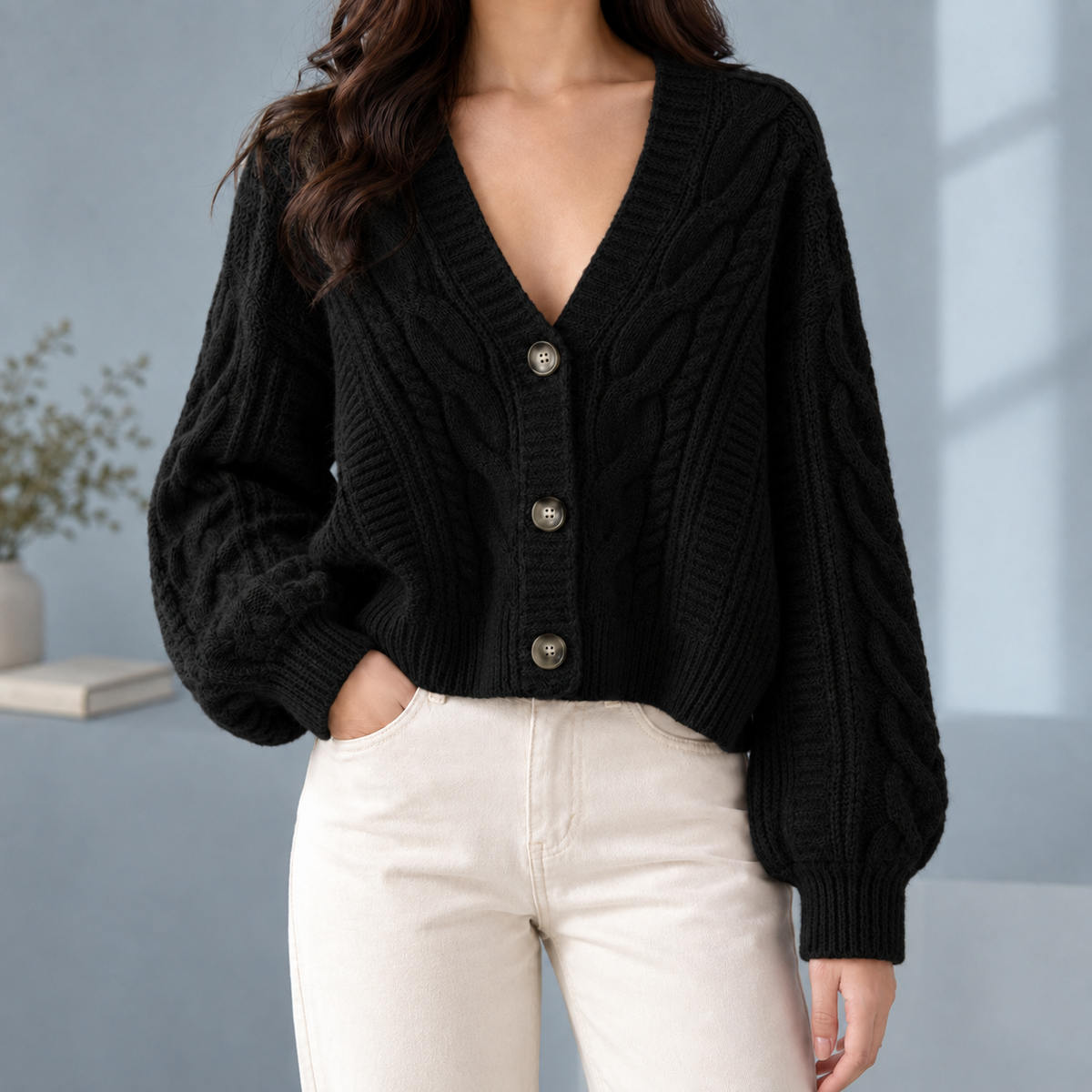 Morwenna-Skye Cable Women's Cardigan - Black