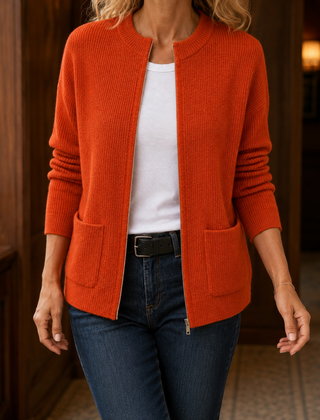Women’s Ribbed Pocket Detail Cardigan in Orange