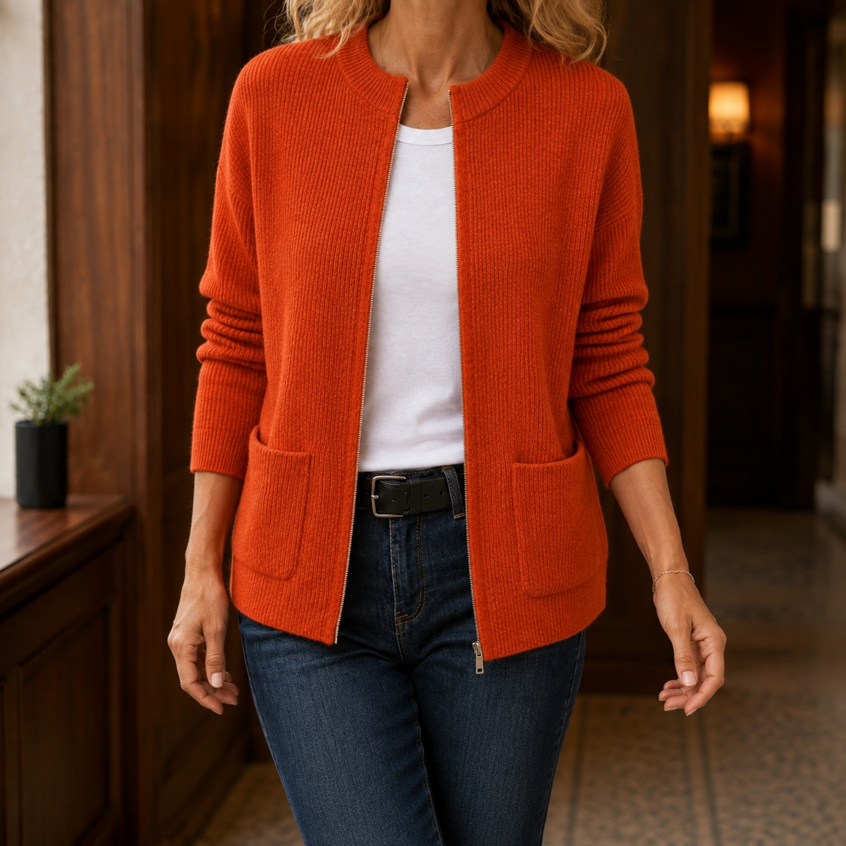 Women’s Ribbed Pocket Detail Cardigan in Orange