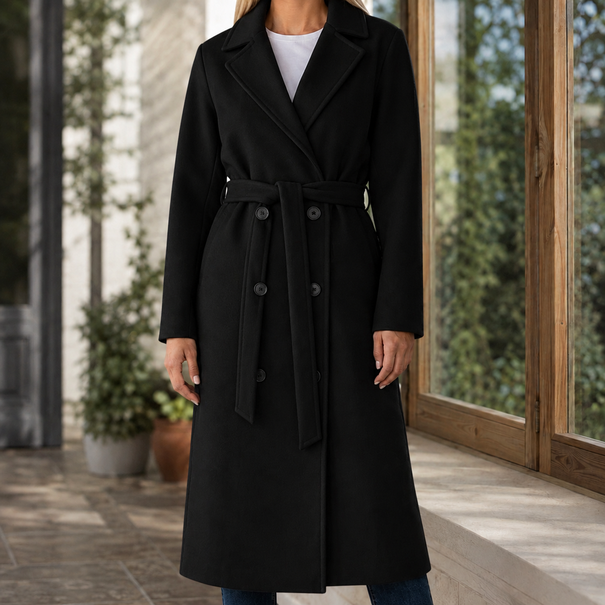 Adele-Grace Belted Women's Overcoat - Black