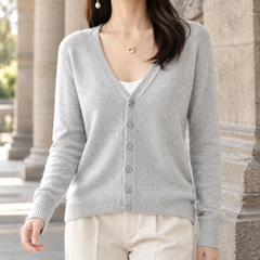 Women’s Five-Button V-Neck Knit Cardigan in Light Gray