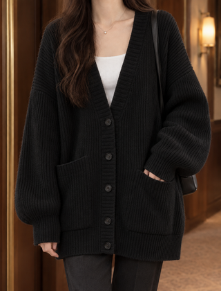 Ines-Faye Ribbed Women's Cardigan - Black