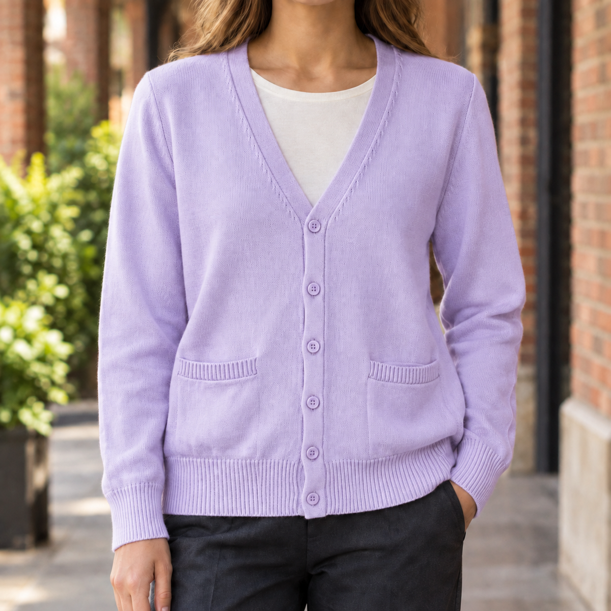 Women’s Cotton-Blend V-Neck Pocket Cardigan in Light Purple