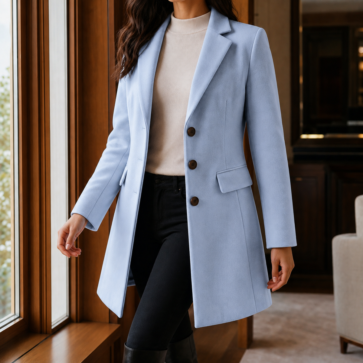 Women’s Wool-Blend Fitted Three-Button Coat in Blue
