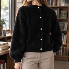 Women’s Pearl-Effect Button Knit Cardigan in Black