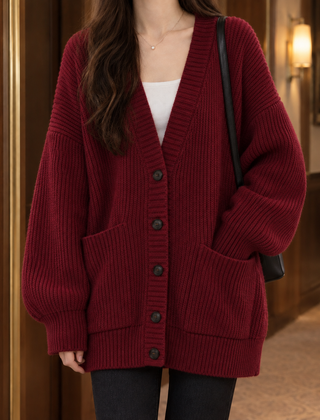 Ines-Faye Ribbed Women's Cardigan - Burgundy