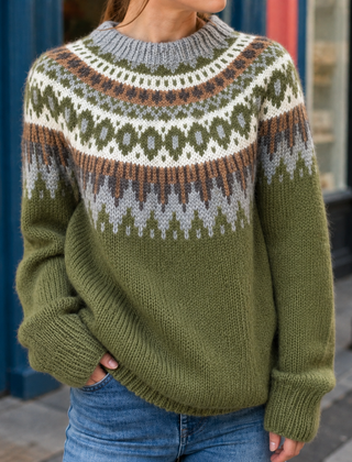 Women’s Fair Isle Yoke Knit Sweater in Green