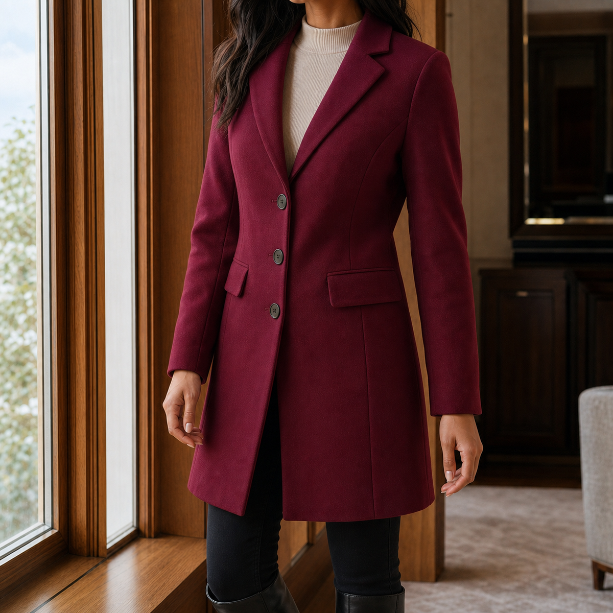 Women’s Wool-Blend Fitted Three-Button Coat in Burgundy