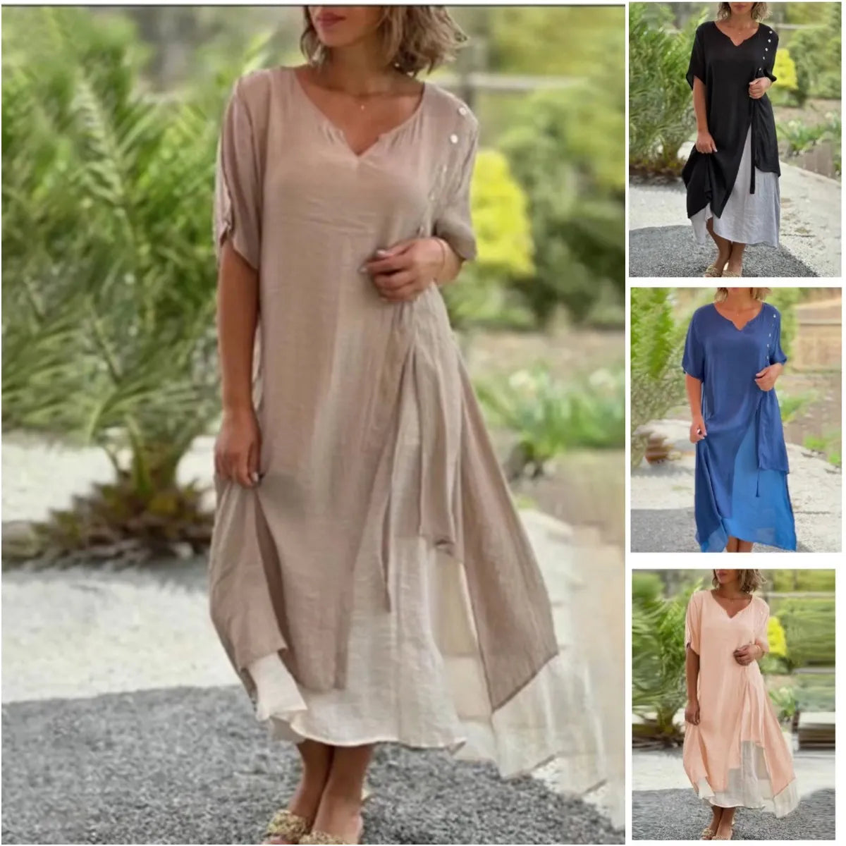 Fauna | Women's Layered V-Neck Short Sleeve Asymmetric Midi Dress