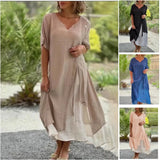 Fauna | Women's Layered V-Neck Short Sleeve Asymmetric Midi Dress