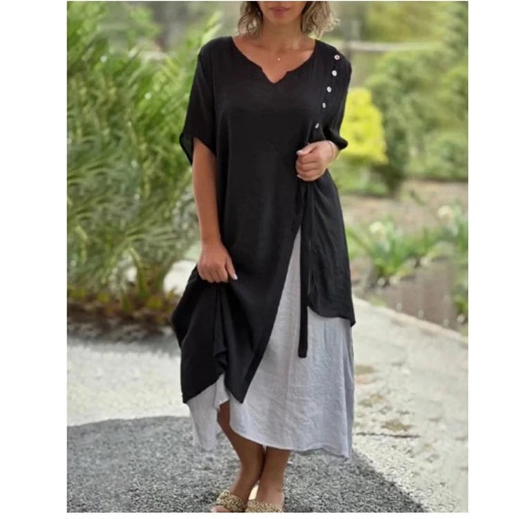 Fauna | Women's Layered V-Neck Short Sleeve Asymmetric Midi Dress