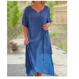 Fauna | Women's Layered V-Neck Short Sleeve Asymmetric Midi Dress