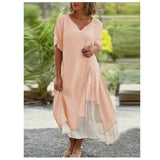 Fauna | Women's Layered V-Neck Short Sleeve Asymmetric Midi Dress