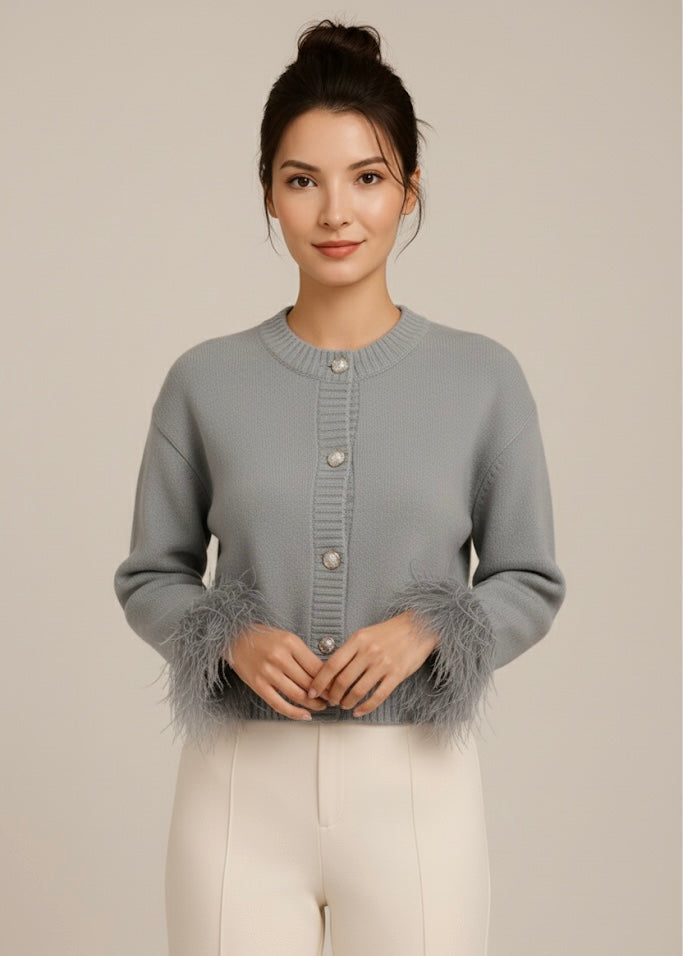Katarina | Women's Feather Trim Button Cardigan