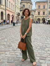 Sage | Women's Linen Sleeveless Top Wide Leg Pants Two-Piece Set