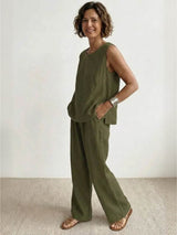 Sage | Women's Linen Sleeveless Top Wide Leg Pants Two-Piece Set