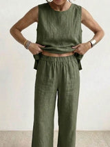 Sage | Women's Linen Sleeveless Top Wide Leg Pants Two-Piece Set