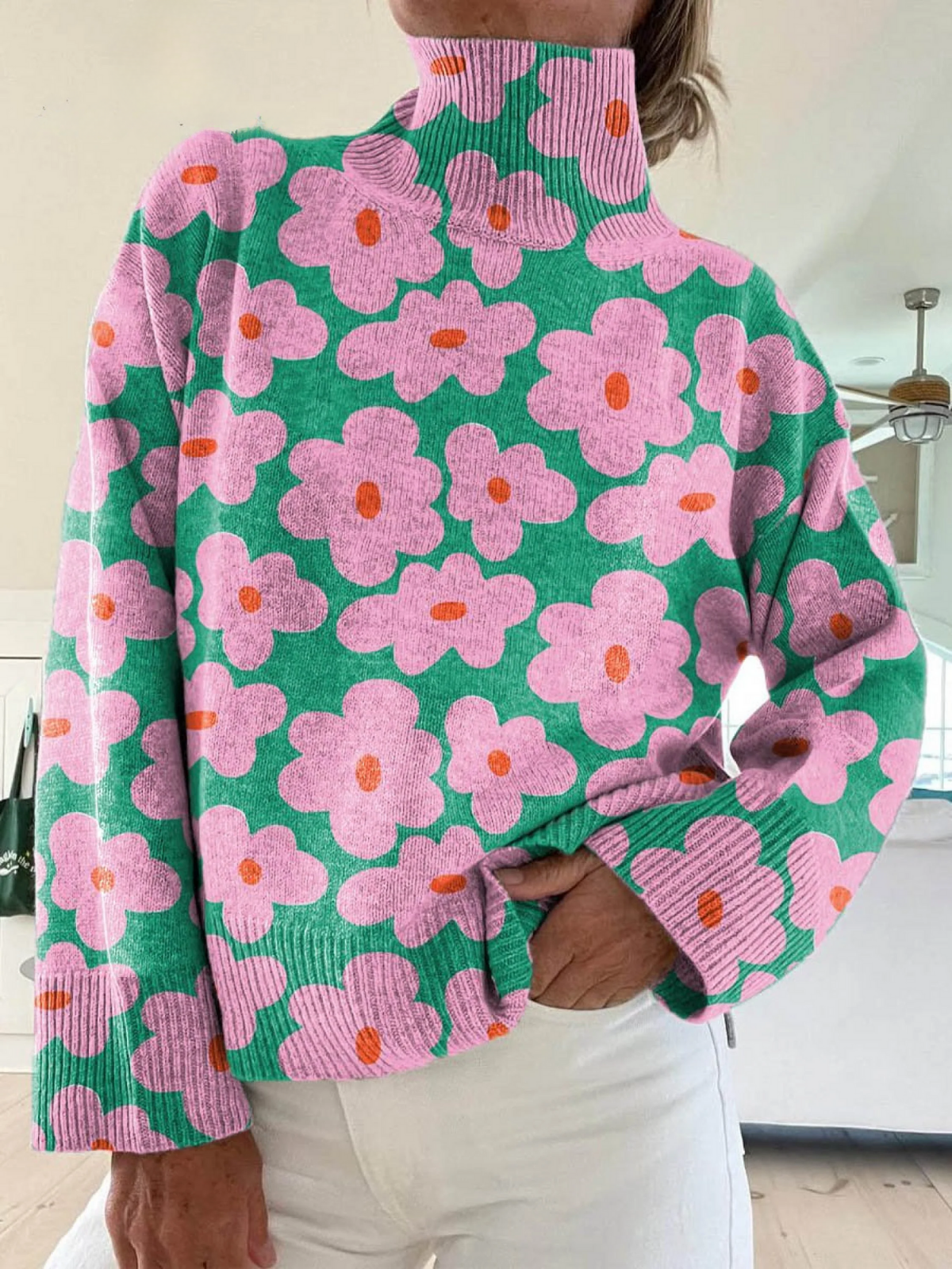 Marlowe | Women's Floral Mock Neck Long Sleeve Sweater
