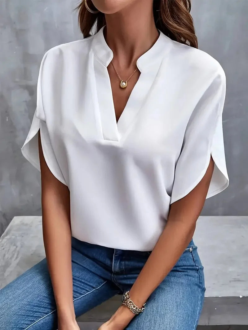 Marlowe | Women's V-Neck Blouse Relaxed Fit Short Sleeve
