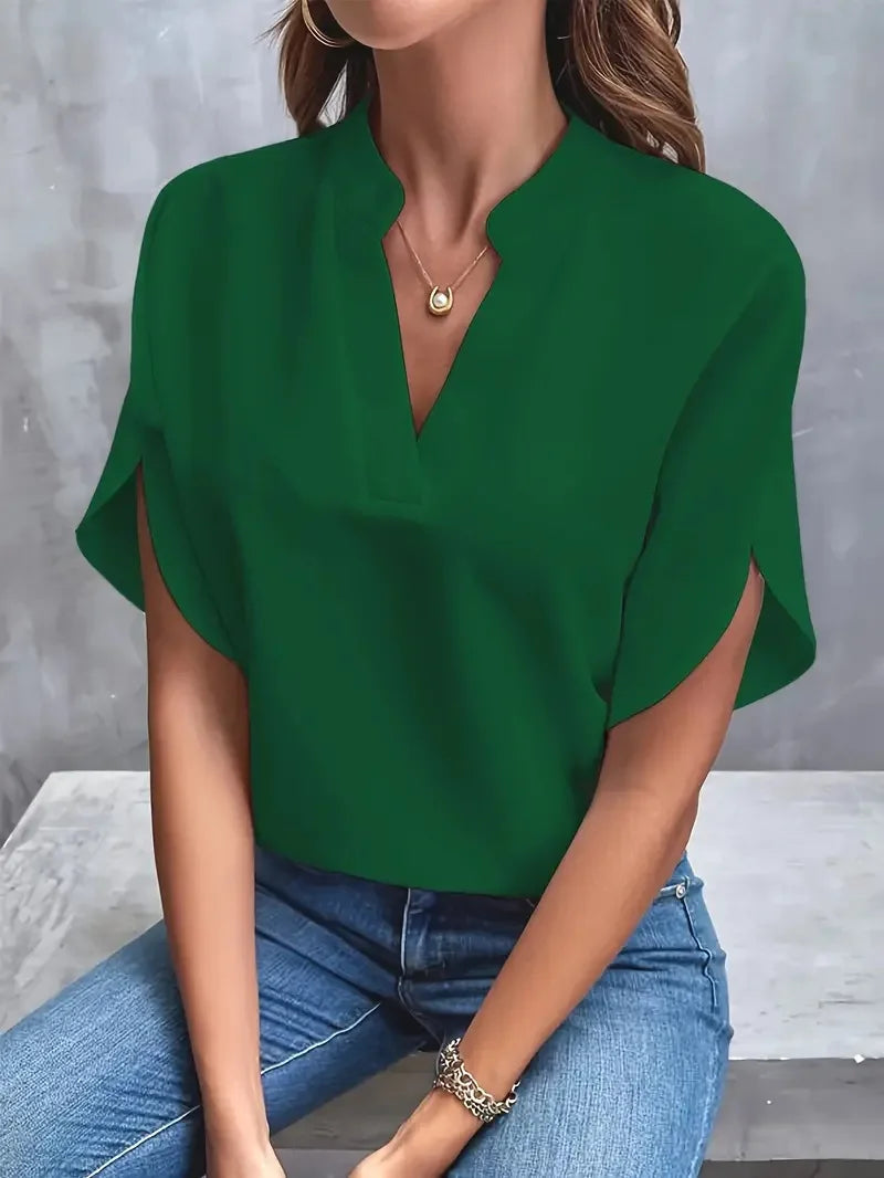 Marlowe | Women's V-Neck Blouse Relaxed Fit Short Sleeve