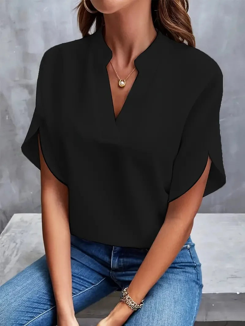 Marlowe | Women's V-Neck Blouse Relaxed Fit Short Sleeve