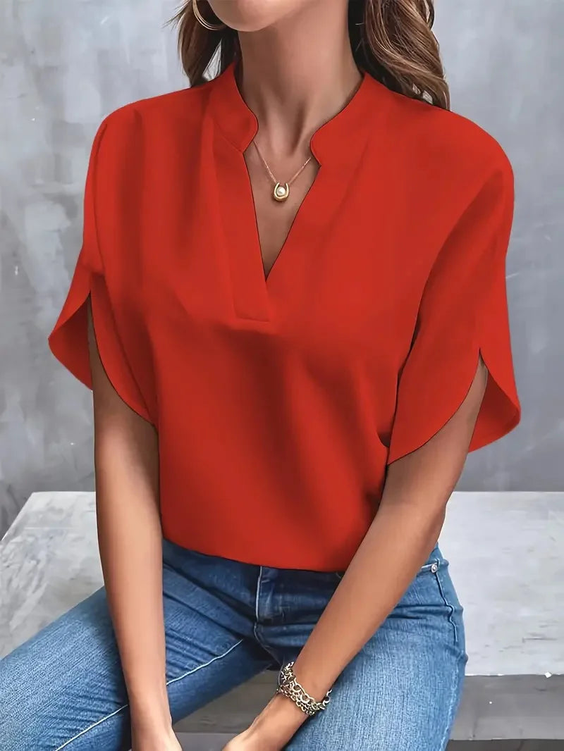 Marlowe | Women's V-Neck Blouse Relaxed Fit Short Sleeve