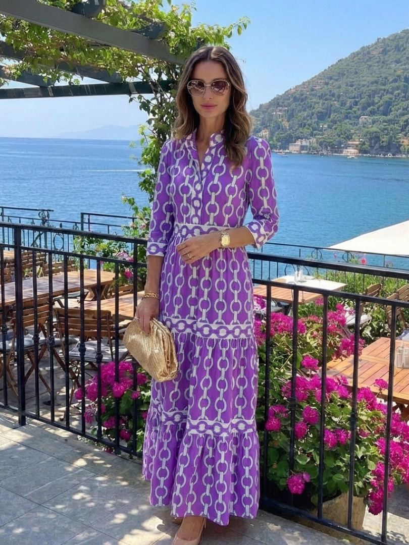Octavienne | Women's Chain Print 3/4 Sleeve Midi Dress