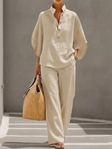 Petra | Women's Button Placket Wide Leg Two Piece Set