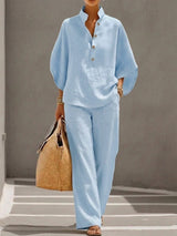 Petra | Women's Button Placket Wide Leg Two Piece Set