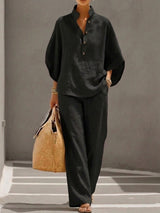 Petra | Women's Button Placket Wide Leg Two Piece Set