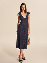 Dotty | Women's Polka Dot V-Neck Lace Trim Midi Dress Cap Sleeve