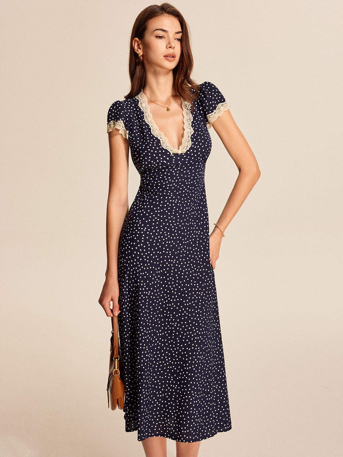 Dotty | Women's Polka Dot V-Neck Lace Trim Midi Dress Cap Sleeve