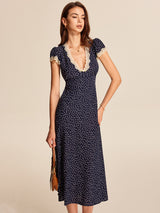 Dotty | Women's Polka Dot V-Neck Lace Trim Midi Dress Cap Sleeve