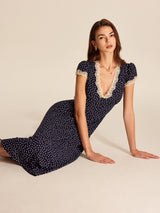 Dotty | Women's Polka Dot V-Neck Lace Trim Midi Dress Cap Sleeve