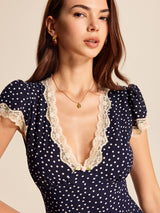 Dotty | Women's Polka Dot V-Neck Lace Trim Midi Dress Cap Sleeve