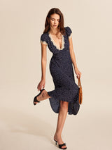 Dotty | Women's Polka Dot V-Neck Lace Trim Midi Dress Cap Sleeve