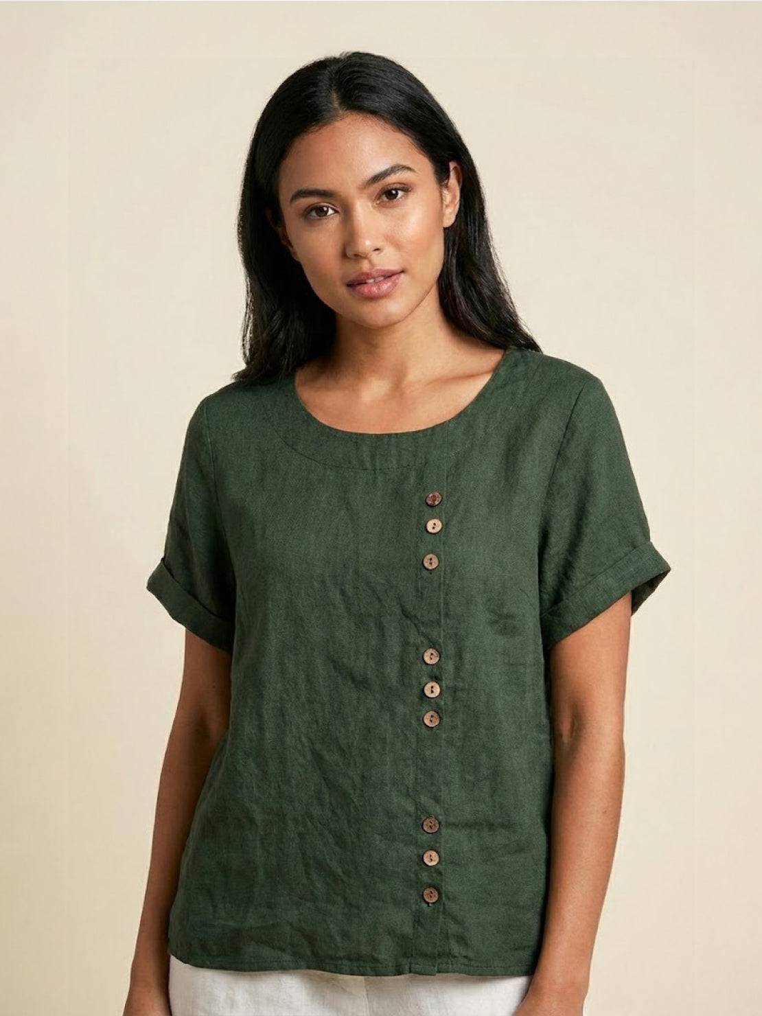 Olive | Women's Casual Tee Short Sleeve Scoop Neck Button Detail Top