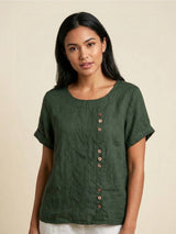 Olive | Women's Casual Tee Short Sleeve Scoop Neck Button Detail Top