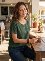 Olive | Women's Casual Tee Short Sleeve Scoop Neck Button Detail Top