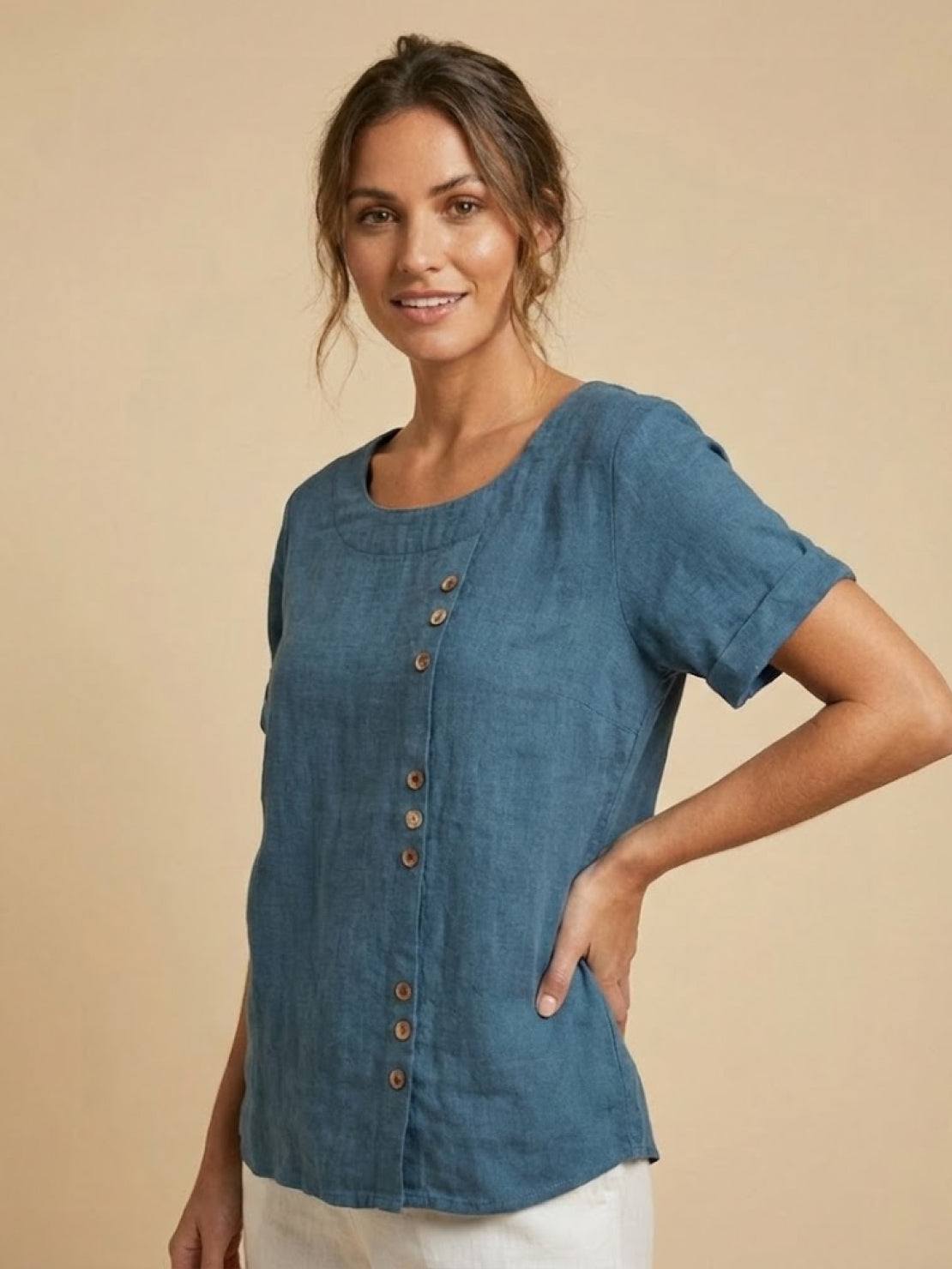 Olive | Women's Casual Tee Short Sleeve Scoop Neck Button Detail Top