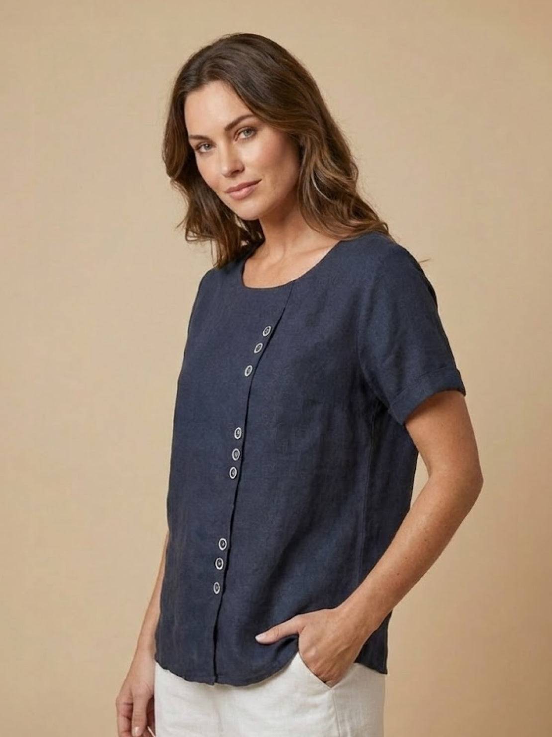 Olive | Women's Casual Tee Short Sleeve Scoop Neck Button Detail Top