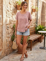 Olive | Women's Casual Tee Short Sleeve Scoop Neck Button Detail Top