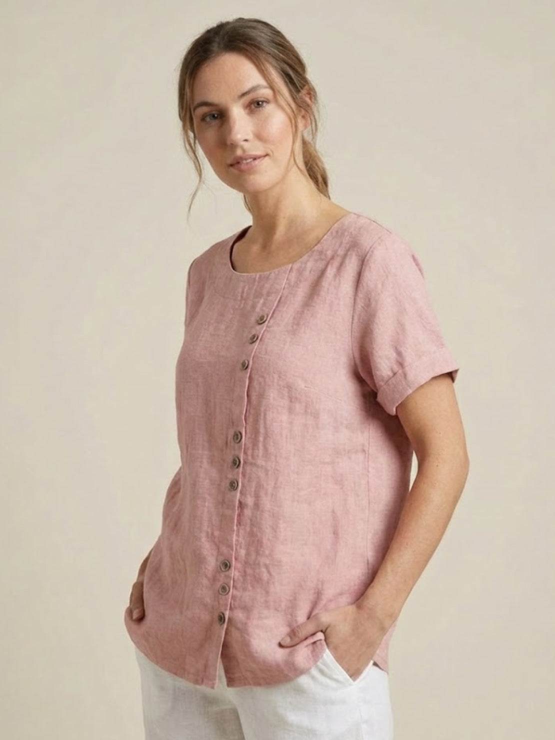 Olive | Women's Casual Tee Short Sleeve Scoop Neck Button Detail Top
