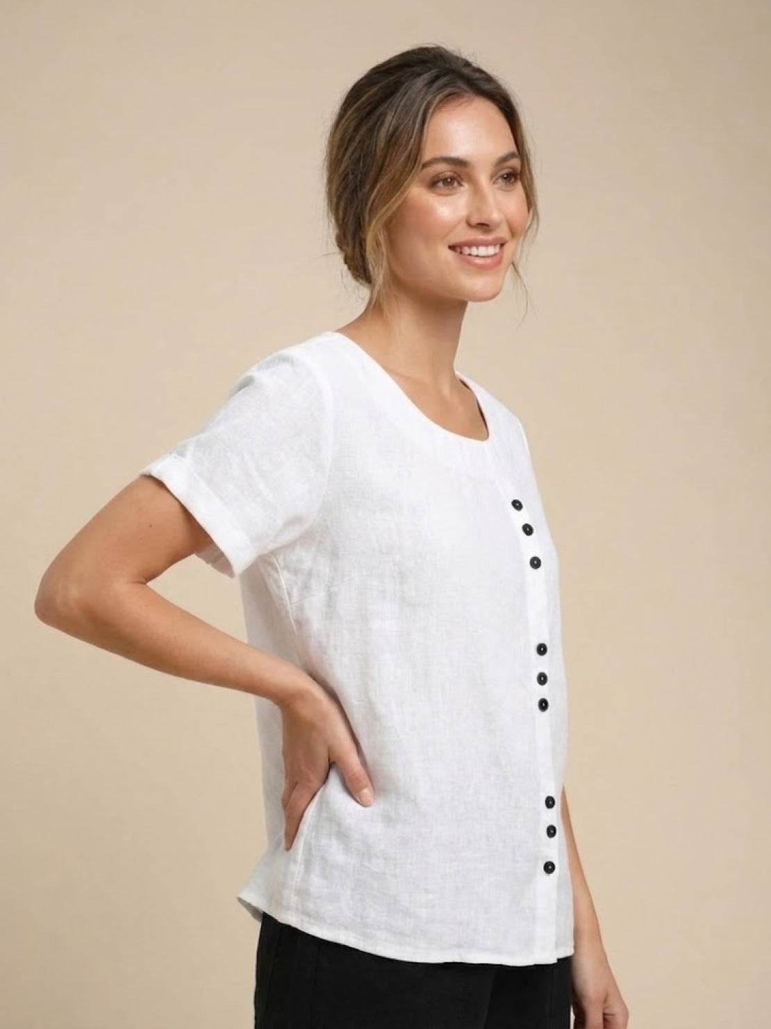 Olive | Women's Casual Tee Short Sleeve Scoop Neck Button Detail Top
