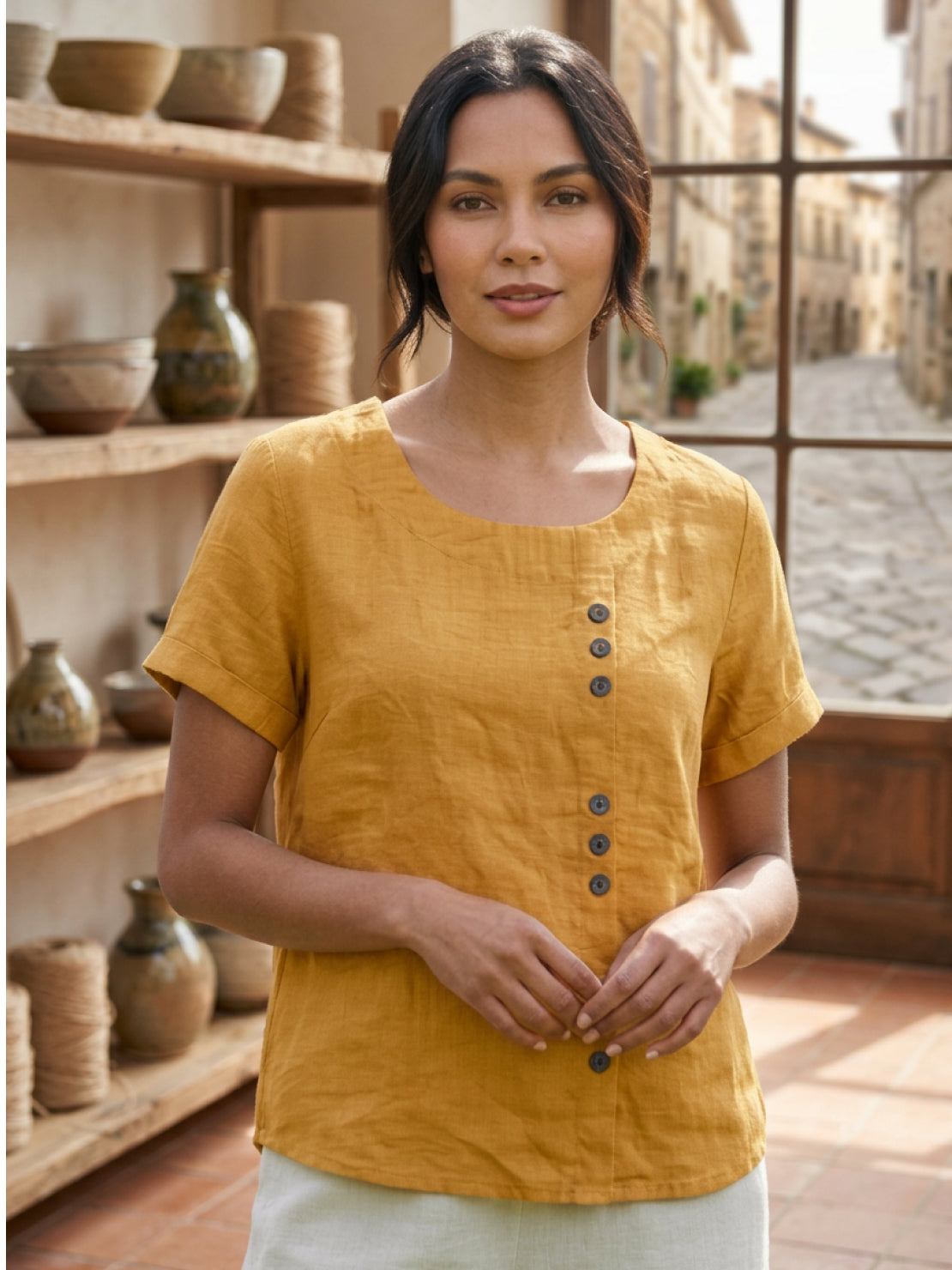 Olive | Women's Casual Tee Short Sleeve Scoop Neck Button Detail Top