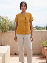 Olive | Women's Casual Tee Short Sleeve Scoop Neck Button Detail Top