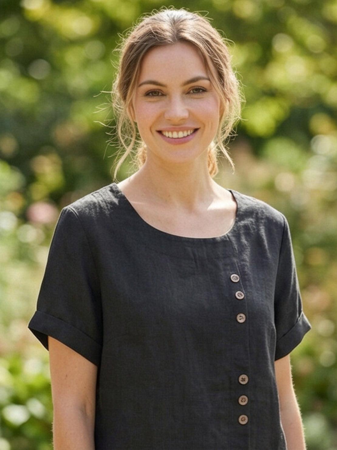 Olive | Women's Casual Tee Short Sleeve Scoop Neck Button Detail Top