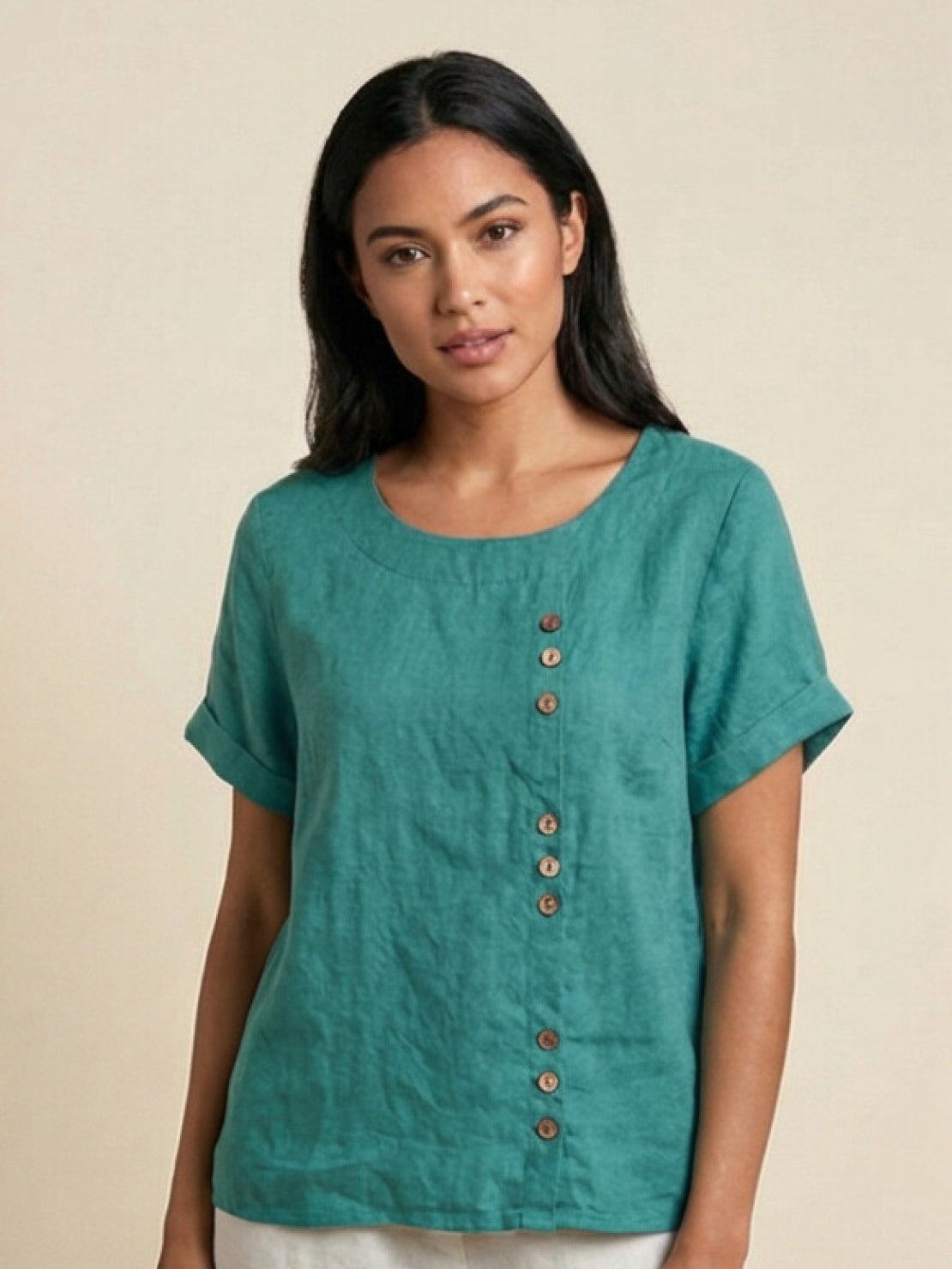 Olive | Women's Casual Tee Short Sleeve Scoop Neck Button Detail Top