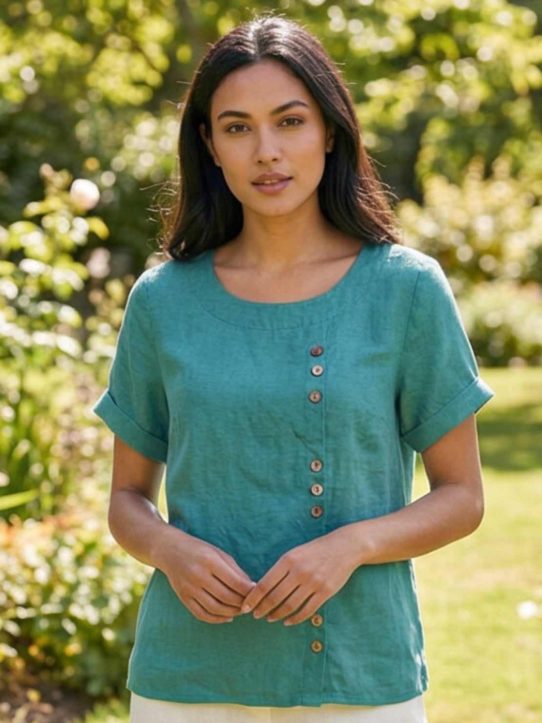Olive | Women's Casual Tee Short Sleeve Scoop Neck Button Detail Top